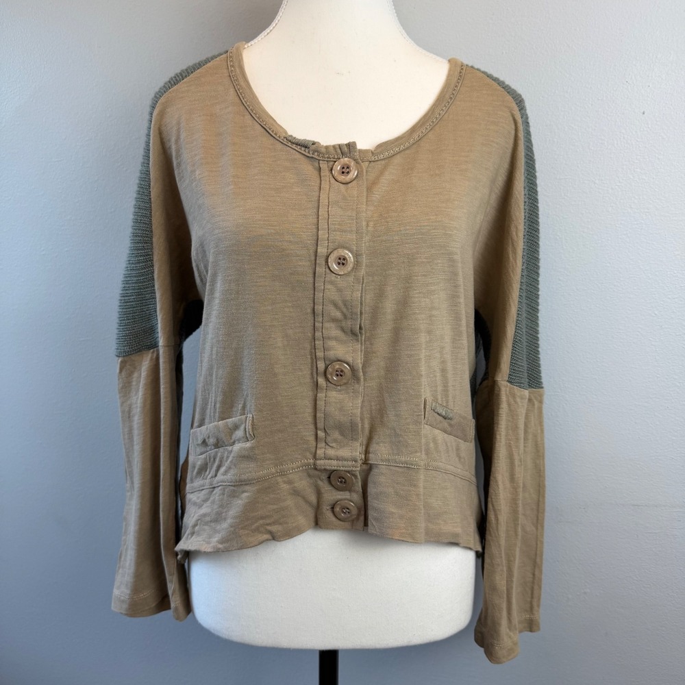 MURMUR Large Cardigan Tan Green Slub Knit Button Front Sweater Cozy *Flaw